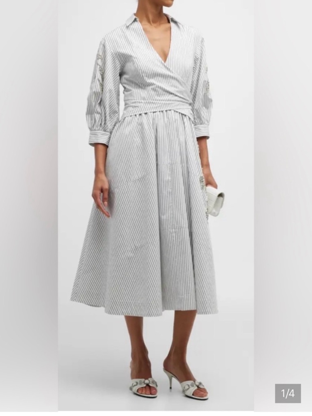 cinq a sept Striped Wrap Midi Dress in White and Gray